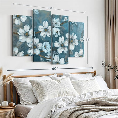 ElephantStock Blossoms Of Evening Wall Art - Horizontal Canvas - 4-Piece Living Room Wall Decor - Blossom Painting Canvas Print - Blue and Gray Decor for Wall by Carol Robinson - 52" X 32"