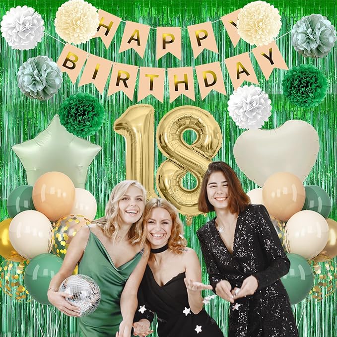 Sage Green 18th Birthday Decorations for Boys Girls Gold Number 18 Balloon Nude Gold Happy Birthday Banner Fringe Curtain Paper Pom Poms Olive Green Cream White Sand Star Foil Balloons Party Decor