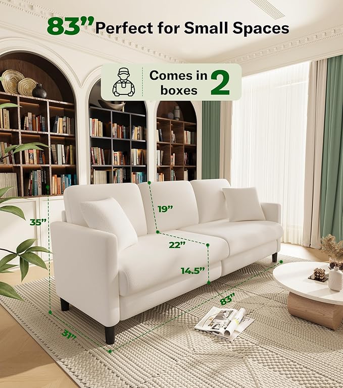 83" Couches for Living Room, Comfy Sofas for Living Room, Teddy Sofa Couch, Tool-Free Setup Loveseat Sofa, All-Wood Love Seat Couches, Small Couch 2 Pillows Included, Beige