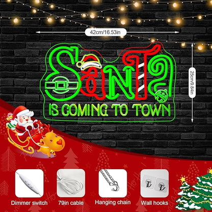 Horseneon Christmas Neon Sign Christmas Light Santa is Coming to Town Neon Sign Bright LED Wall Decoration for Home Shop Bar Santa Claus Neon Signs