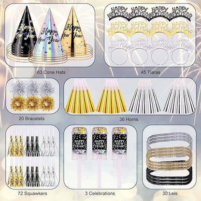 Auihiay 269 PCS New Years Eve Party Supplies | Includes Happy New Year Tiaras, Cone Hats, Bracelets, Horns, Squawkers, Leis & More | Perfect for New Years Decorations 2026 & NYE Celebrations