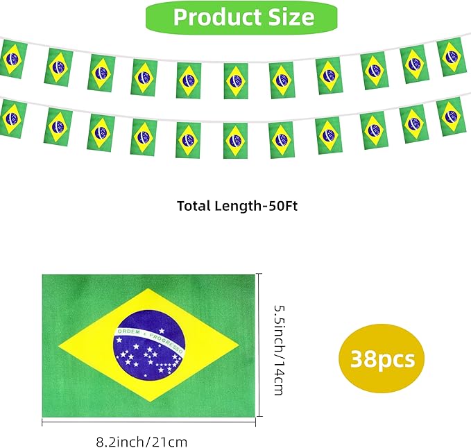 Brazil Small String Flags, 50 Feet 38 Pcs Brazilian Pennant Banner Bunting Flags, Patriotic Events, Independence Day, Country Festival, Commemoration, Decorations (Brazil)
