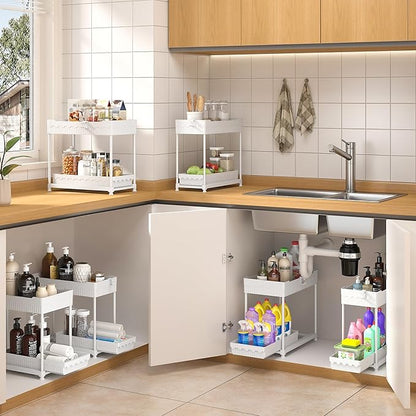 3 Pack Under Sink Organizers, 2-Tier Multi-Use Kitchen and Bathroom Organizers and Storage with Sliding Drawers, Bathroom Cabinet Organizer (White, 14.8 Inch)