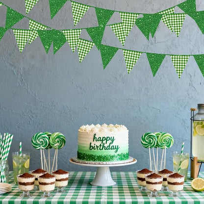 Glitter Green Party Pennant Banner Flag Green Buffalo Plaid Hanging Paper Triangle Bunting for Birthday Baby Shower Christmas Holiday Wedding Bridal Shower St Patrick's Day Party Decorations Supplies