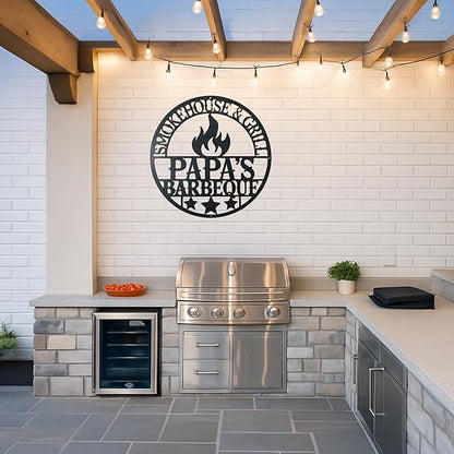 Custom BBQ Metal Sign, Personalized Name Grill Sign for Outdoor Kitchen, Rustic Cut Metal Wall Decor, Backyard Barbecue Gift