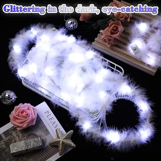Seematn 24 Pcs Light Up Angel Headband White Feather Halloween Christmas Angel Outfit Women's Costume Headwear Angel Hairband Accessory for Adult Cosplay Party Costume