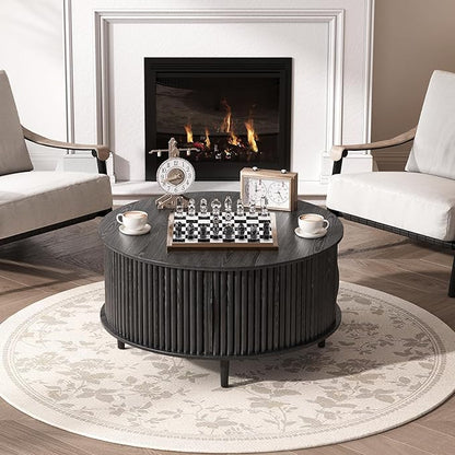 Black Round Coffee Table with Storage, 31.5" Fluted Center Table with Sliding Door, Modern Circle Drum Accent Table for Living Room, Sleek Wood Furniture for Small Spaces & Apartments