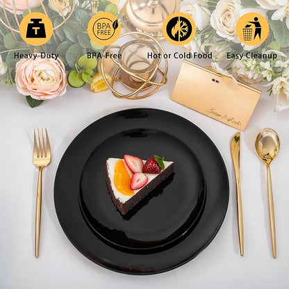 I00000 200 PCS Black Plastic Plates for 100 Guests Include: 10.25 inch 100 Pieces Dinner Plate and 7.5 inch 100 Pieces Dessert Plate, Premium Halloween Plastic Plates Perfect for Party & Halloween
