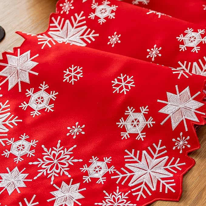 Joyfol Day Christmas Red Table Runner 14 x 59 Inch, Cutwork Embroidered White Snowflake Table Runners, for Xmas Holiday Winter Festival Kitchen Dining Tabletop Decoration