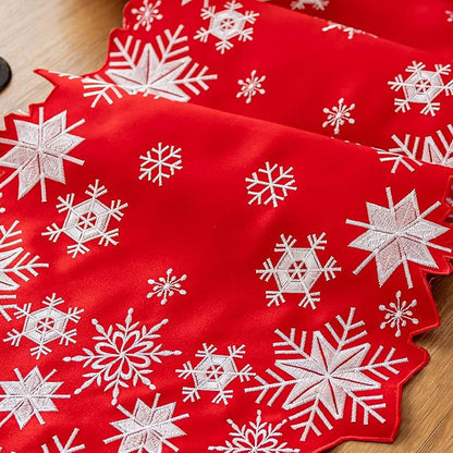 Joyfol Day Christmas Red Table Runner 14 x 33 Inch, Cutwork Embroidered White Snowflake Table Runners, for Xmas Holiday Winter Festival Kitchen Dining Tabletop Decoration