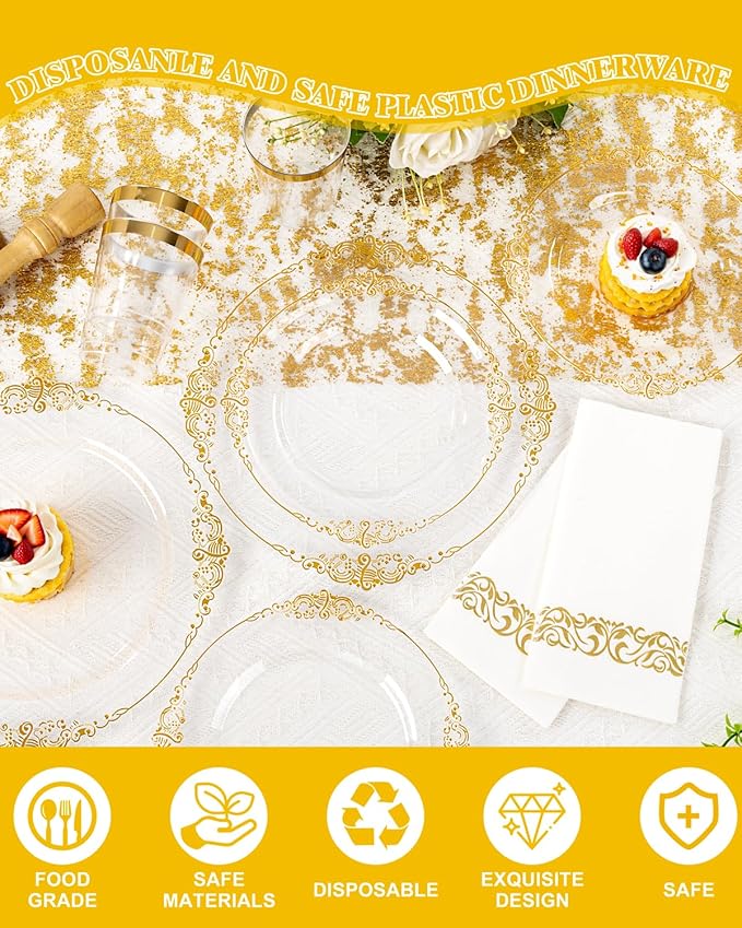 YOUBET 700PCS Clear Gold Plastic Plates - Elegant Gold Plastic Dinnerware Set Include 200 Disposable Plates, 300 Heavy Duty Silverware, 100 Cups, 100 Napkins for Wedding Party & Thanksgiving