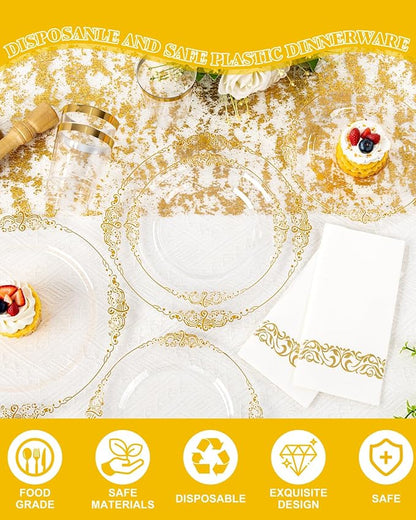 YOUBET 700PCS Clear Gold Plastic Plates - Elegant Gold Plastic Dinnerware Set Include 200 Disposable Plates, 300 Heavy Duty Silverware, 100 Cups, 100 Napkins for Wedding Party & Thanksgiving