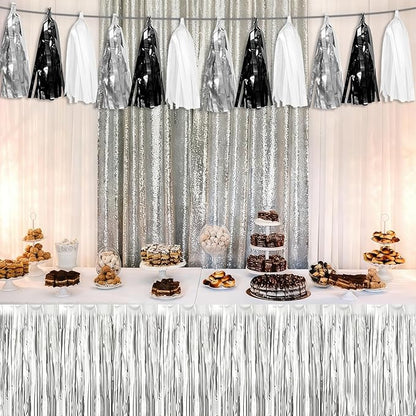 3P Black Silver white Tassel Banner Garland Metallic Foil Fringe Banner Tinsel Tassels Streamer Banner Backdrop for Parade Floats, Graduation Decorations, Halloween, Christmas Decorations