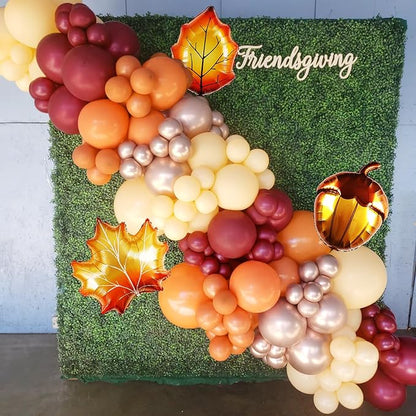 123Pcs Fall Balloon Garland Arch Kit, Burgundy, Orange, Nude, Metallic Rose Gold Balloons with Leaf Chestnut Balloons, for Autumn Thanksgiving Balloon Arch, Baby Shower Party Decorations