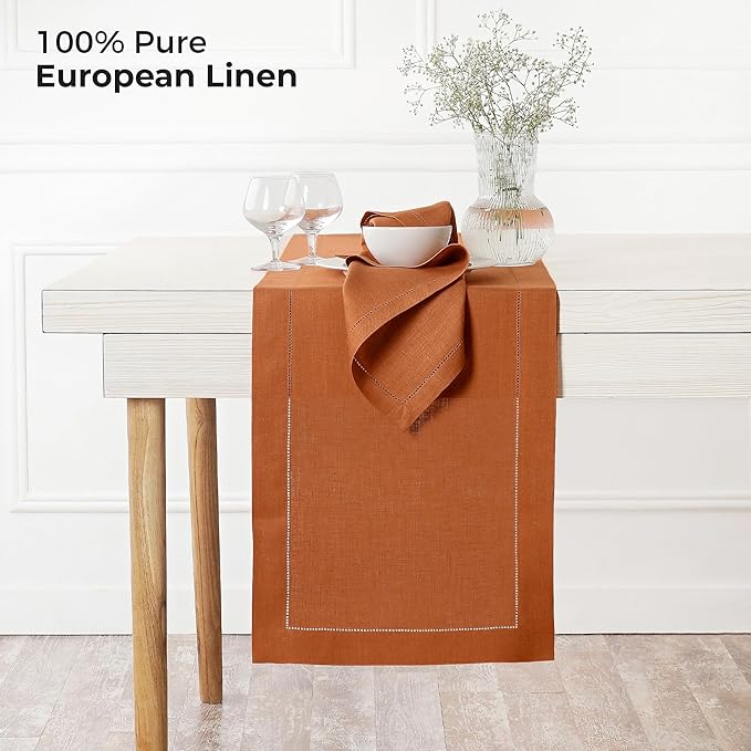 D'Moksha Homes Linen Rust Table Runner 36 Inches - 100% Pure Linen Small Table Runner 14 x 36 Inch Ideal for Dresser, Coffee Tables, Winter, Christmas, Holiday - Classic Hemstitch