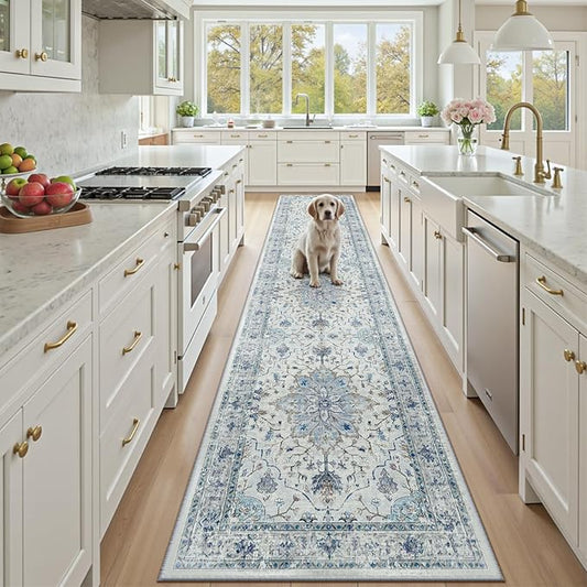 Area Rugs 2'6''x10' Runner Rug Non Slip Washable for Kitchen Hallway Bedroom Beside Laundry Room Bathroom Rug, Floor Carpet, Light Blue Navy Beige Gray White