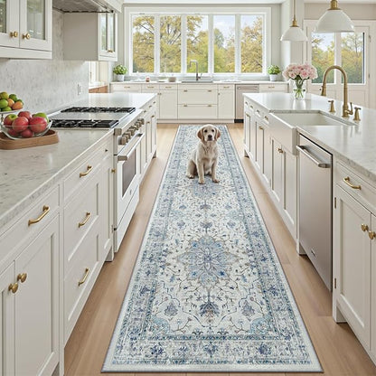 Area Rugs 3'x10' Runner Rug Non Slip Washable for Kitchen Hallway Bedroom Beside Laundry Room Bathroom Rug, Floor Carpet, Light Blue Navy Beige Gray White