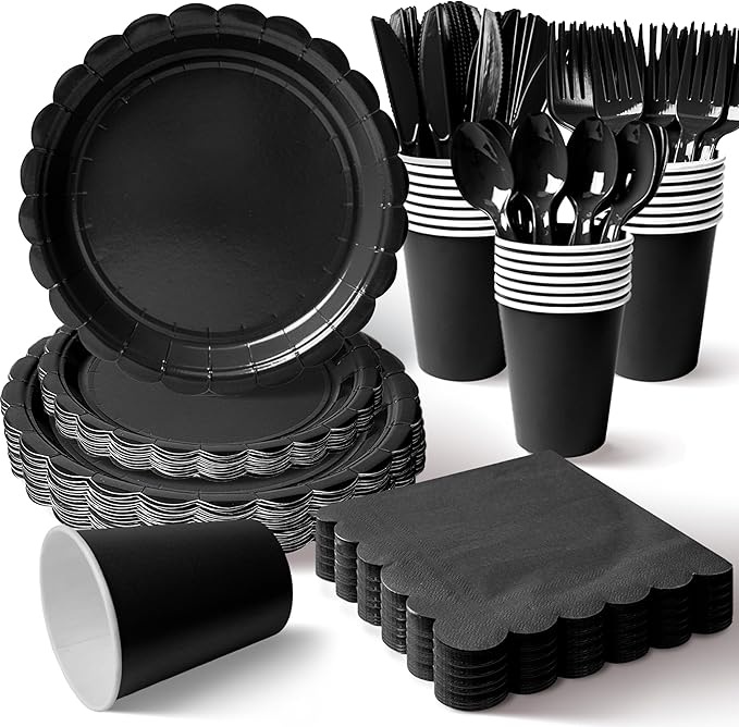 Vyntra 350 PCS Disposable Plates for Party, Paper Plates & Napkins Set with Cups, Knives, Forks, Spoons, 7'' Dessert and 9'' Dinner Plates for Birthday, New Year’s Eve, Graduation - Black