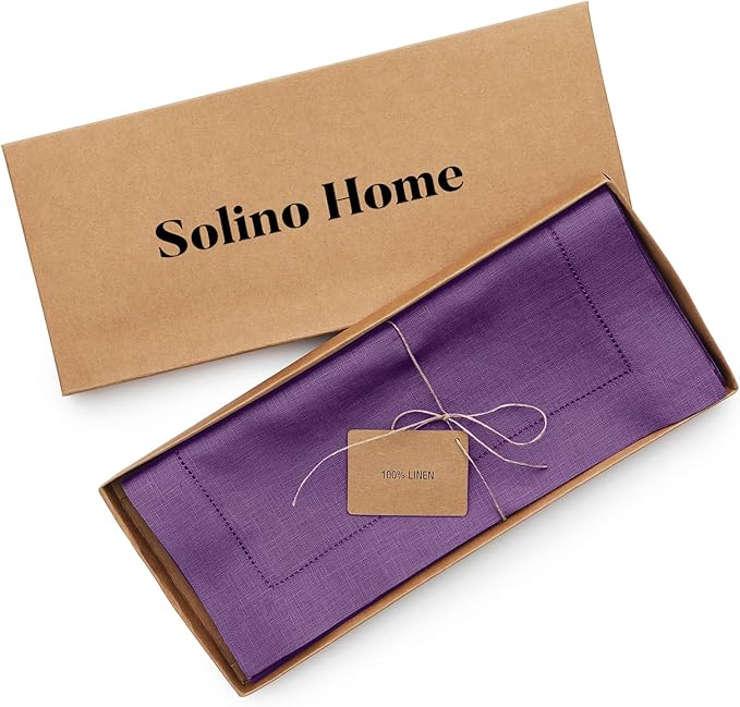 Solino Home Linen Purple Table Runner 72 Inches Long - 100% Pure Linen Hemstitch Table Runner 14 x 72 Inch for Dresser, Dining, Fall, Autumn, Holiday - Classic Hemstitch