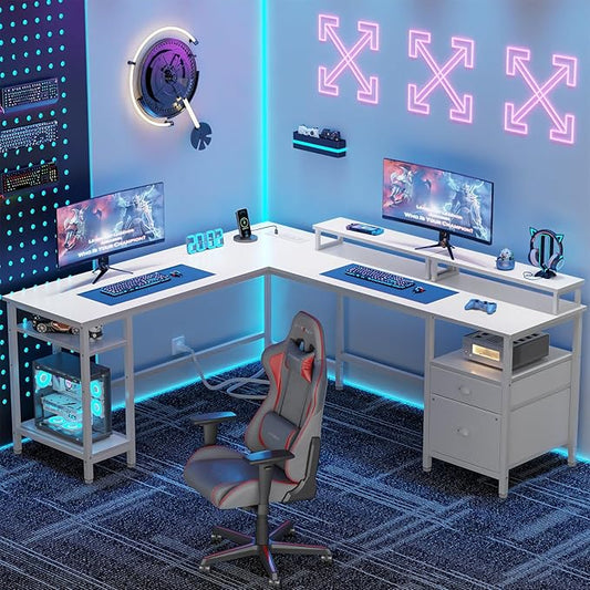 Furologee 66” L Shaped Desk with Power Outlet, Reversible Computer Gaming Desk with File Drawer & 2 Monitor Stands for Home Office with Storage Shelves, White