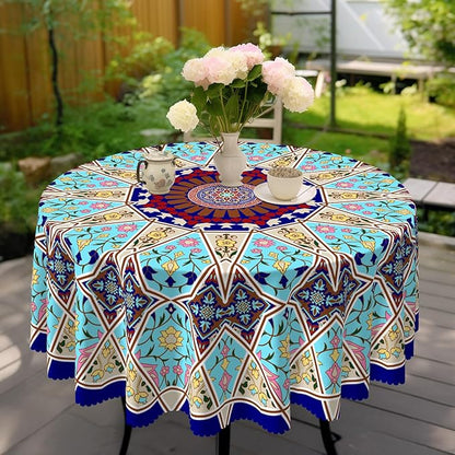 Eikione Boho Round Tablecloth 60inch, Tablecloth Waterproof and Wrinkle-Free, Boho Table Covers, Summer Decorations for Home