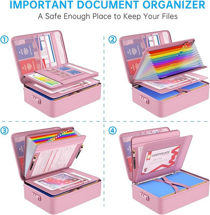 ENGPOW Fireproof File Organizer Bag with 13 Colorful Pockets Accordion File Folder,5200℉ Document Organizer Box with Lock&Labels,Multi-Layer Portable Home Safe Storage for Important Documents,Pink
