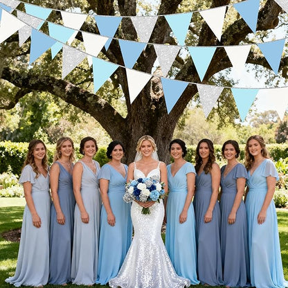 Dusty Blue Silver White Party Decorations Pennant Banner Flag Hanging Glitter Triangle Bunting for Birthday Baby Shower Graduation Bridal Shower Wedding Engagement Nautical Ahoy Achor Party Supplies