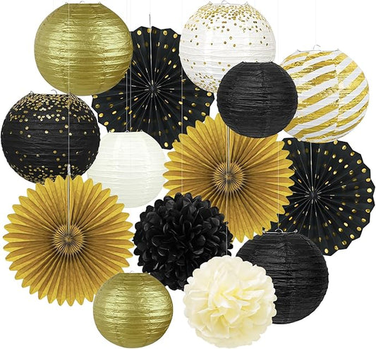 14Pcs Black and Gold Party Decorations, Hanging Paper Lanterns Fans Tissue Flower Pom Poms for Men 50th 60th Birthday Graduation New Years Eve Party Supplies New Years Decorations