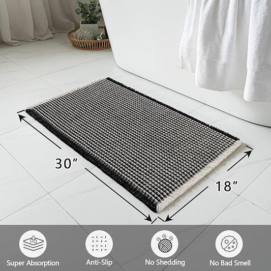 MIULEE Set of 2 Waffle Bathroom Rugs, Boho Bath Rugs Non Slip Washable, Super Absorbent Bath Mats, Ultra Soft Rubber Backed Shower Mats for Bathroom Floor, Tub and Shower, Black & Cream, 18x30 Inch