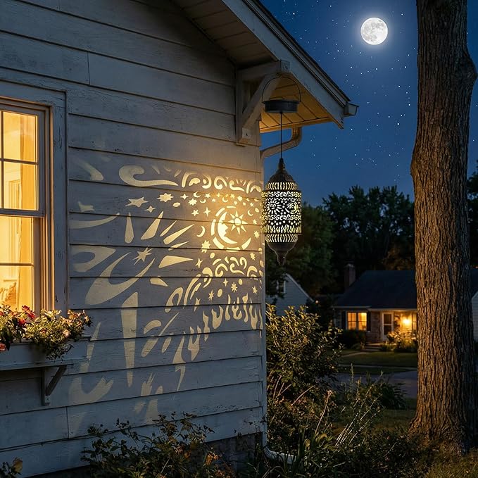 Moroccan Hanging Solar Lights Outdoor 2 Pack Garden Decor Sun and Moon Decorations Solar Lantern Waterproof for Patio Pathway Yard Backyard Garden Decorative (2)