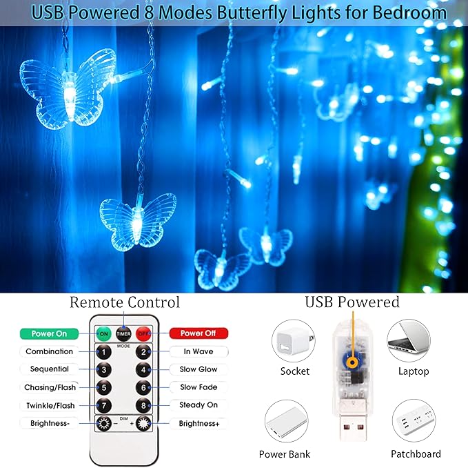 Blue Butterfly Curtain Fairy Lights USB Plug in,120 LED 8 Modes 20FT Firefly Twinkle Icicle String Lights with Remote Timer Waterproof for Bedroom Christmas Wedding Party Dorm Decor