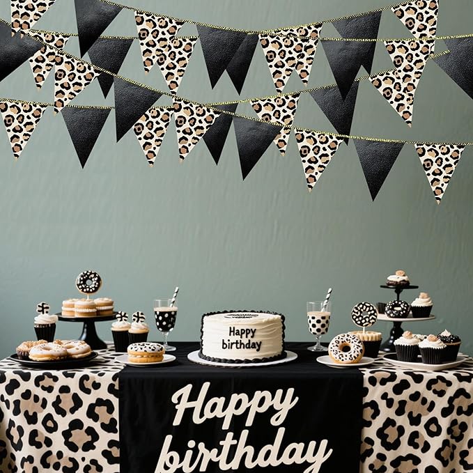 Leopard Black Pennant Banner Flag Hanging Paper Triangle Bunting for Cheetah Leopard Print Animal Theme Leopard Birthday Baby Shower Bachelorette Bridal Shower Wedding Party Decorations Supplies