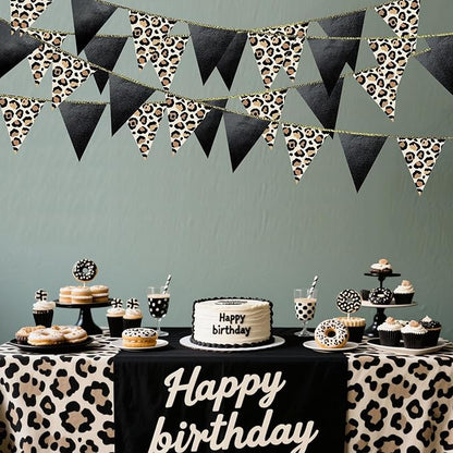 Leopard Black Pennant Banner Flag Hanging Paper Triangle Bunting for Cheetah Leopard Print Animal Theme Leopard Birthday Baby Shower Bachelorette Bridal Shower Wedding Party Decorations Supplies