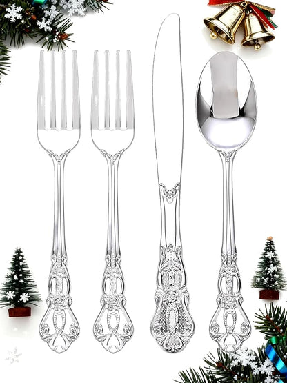 200PCS Silver Plastic Cutlery - Vintage Silver Disposable Silverware - Heavyweight Plastic Utensils with 100 Forks, 50 Knives, 50 Spoons For Catering, Parties, Dinners and Weddings