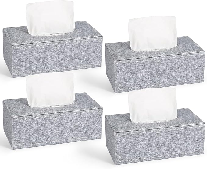 4 Pack Tissue Box Cover Rectangle, Linen Tissue Box with Magnetic Bottom, Napkin Facial Tissues Holder Dispenser, Decorative Tissue Holder for Bathroom Toilet Bedroom Living Room Office, Grey