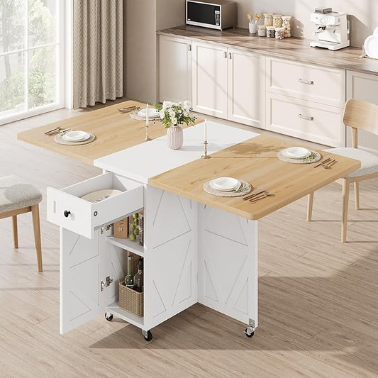 Space Saving Folding Dining Table for 4, Farmhouse Foldable Dining Table with Drawer and Storage Shelf, 6 Wheels Multipose Expandable Kitchen Drop Leaf Table for Small Space (Pear Wood White)