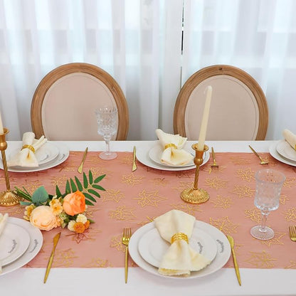 Snowkingdom Fall Thanksgiving Table Runner 10Ft, Gold Maple Leaves Burnt Orange Rust Sheer Tulle Gauze Cheesecloth, Golden Sequin Glitter Dining Table Centerpieces Decorations for Autumn Harvest Party