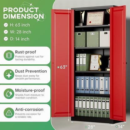 INTERGREAT Metal Storage Cabinet with Magnetic Doors, 63" H Traditional European Style Metal Cabinets with 2 Doors and 4 Adjustable Shelves for Home Office, Kitchen, Bathroom (Black Red)