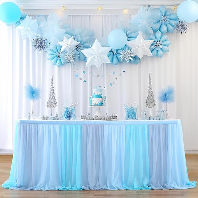 Tulle Table Skirt Blue Tutu Striped Table Skirts for Rectangle Tables 6ft Baby Shower Under the Sea Baby Shark Birthday Parties Decoration