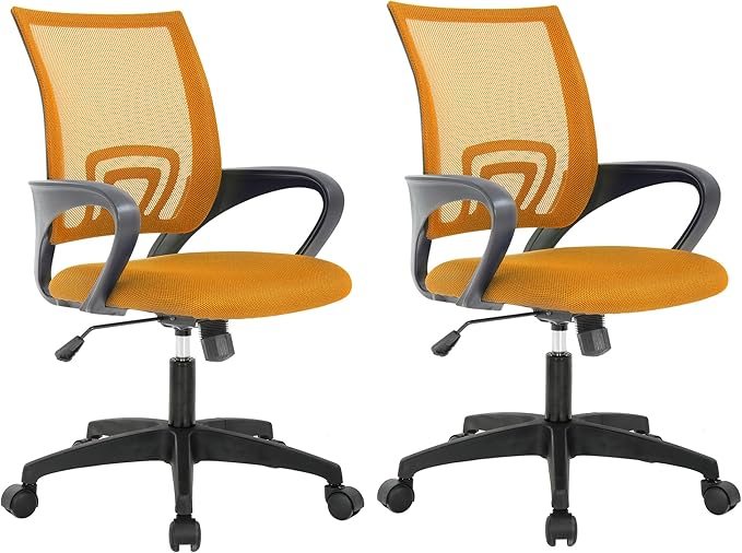 BestOffice | Ergonomic Office Chair | Mid-Back Swivel Desk Chair | Breathable Backrest & Lumbar Support | Adjustable Height | Sponge Seat | Rolling Wheels | Orange | for Adults & Women | Pack of 2
