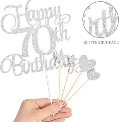 70th Birthday Cake Decorations, 70th Birthday Candles Cake Numeral Candles and Glitter Happy 70th Birthday Cake Toppers Set for Birthday Party Supplies (Silver)
