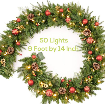 9FT Red Gold Christmas Garland Prelit with Battery Operated 50 LED Lights,Holiday Decoration Stairs Mantle Door Indoor Outdoor