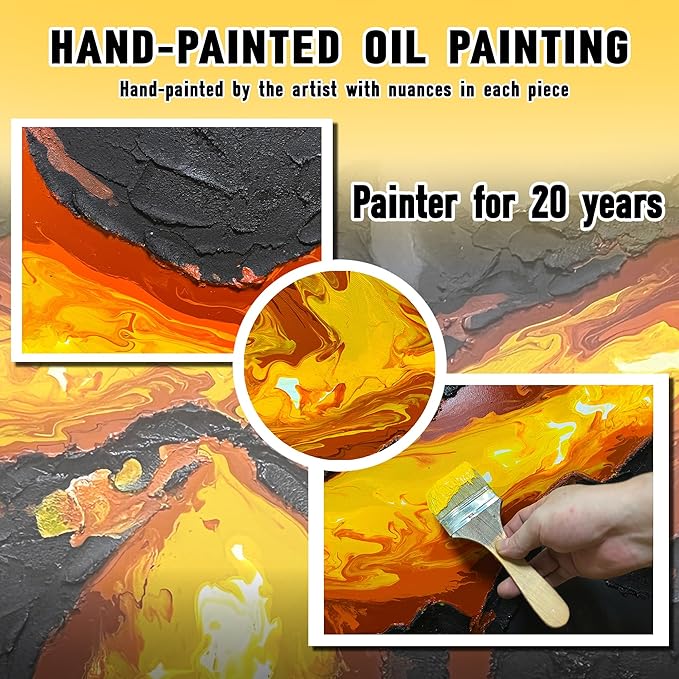 GUGIKA Abstract Wall Art for Living Room, Hand Painted 3D Textured Magma Paintings, Black and Gold Yellow Volcanic Lava Canvas Wall-Decor for Bedroom, Size 40 x 20 Inches