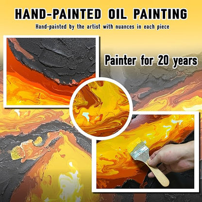 GUGIKA Abstract Wall Art for Living Room, Hand Painted 3D Textured Magma Paintings, Black and Gold Yellow Volcanic Lava Canvas Wall-Decor for Bedroom, Size 40 x 20 Inches