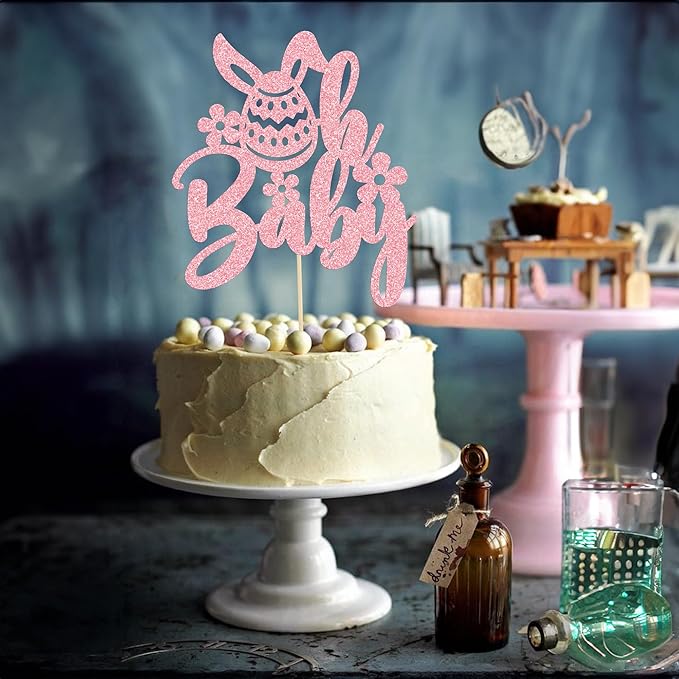 Ephlyn 1Pcs Happy Easter Oh Baby Cake Topper Pink Glitter Easter Bunny Baby Shower Cake Topper Decorations for Easter Day Theme Baby Shower Birthday Party Supplies