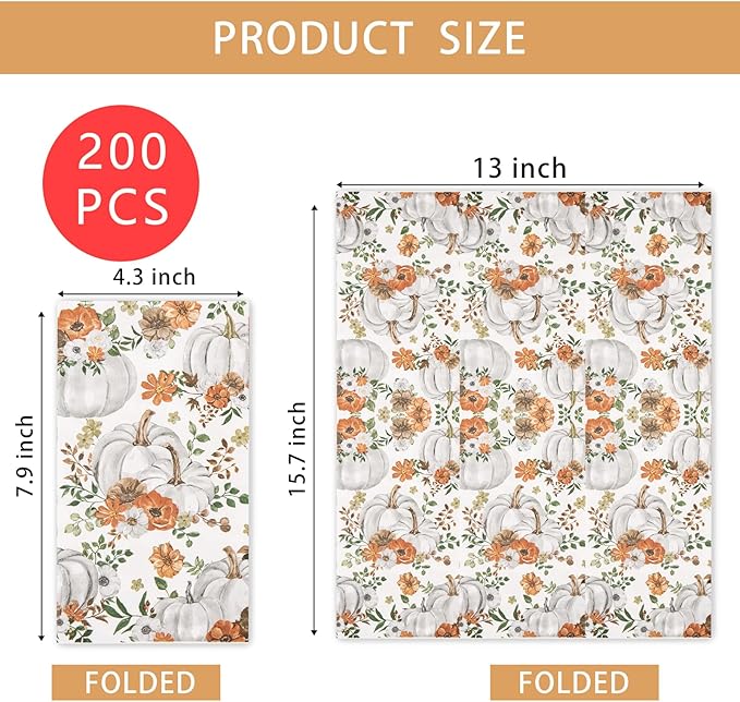200 PCS Thanksgiving Pumpkin Napkins - 3 Ply Heavy Duty Fall Pumpkin Paper Napkins - Thanksgiving Disposable Hand Towels Napkins for Friendsgiving Table Decor Party Supplies