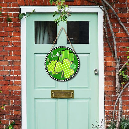Happy St Patricks Day Sign Front Door Decor Green Shamrock Lucky Clover Farmhouse Wood Door Hanger Rustic St Patricks Day Wreath Pediment Plaque Outdoor Indoor Wall Hanging Decorations 12x12in