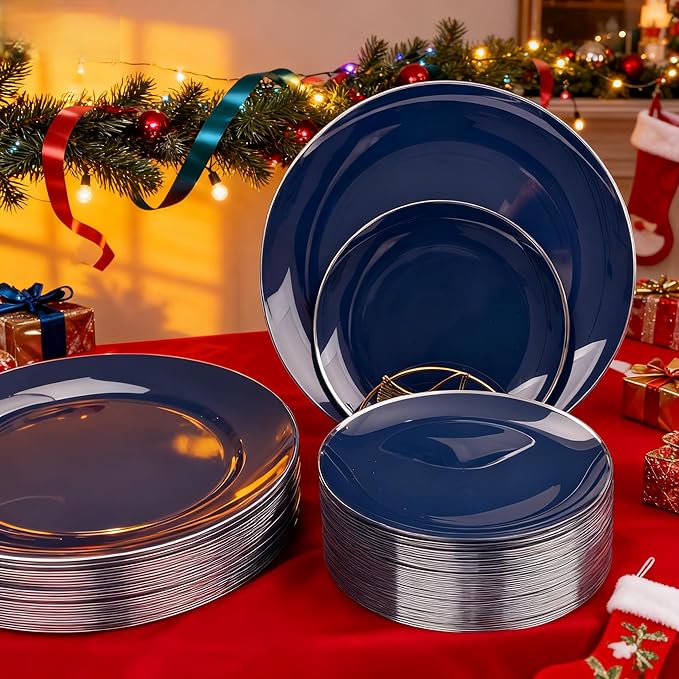 KIRE 200PCS Blue Plastic Plates with Silver Rim - Navy Blue Plastic Plates Include 100 Dinner & Dessert Plate - Heavy Duty Dark Blue Disposable Plate for Hanukkah/Parties/Wedding