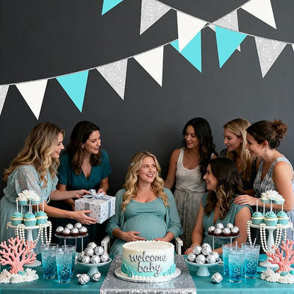 Teal Blue and Silver White Pennant Banner Flag Hanging Glitter Paper Triangle Bunting for Birthday Baby Shower Graduation Bridal Shower Wedding Engagement Turquoise Aqua Party Decorations Supplies