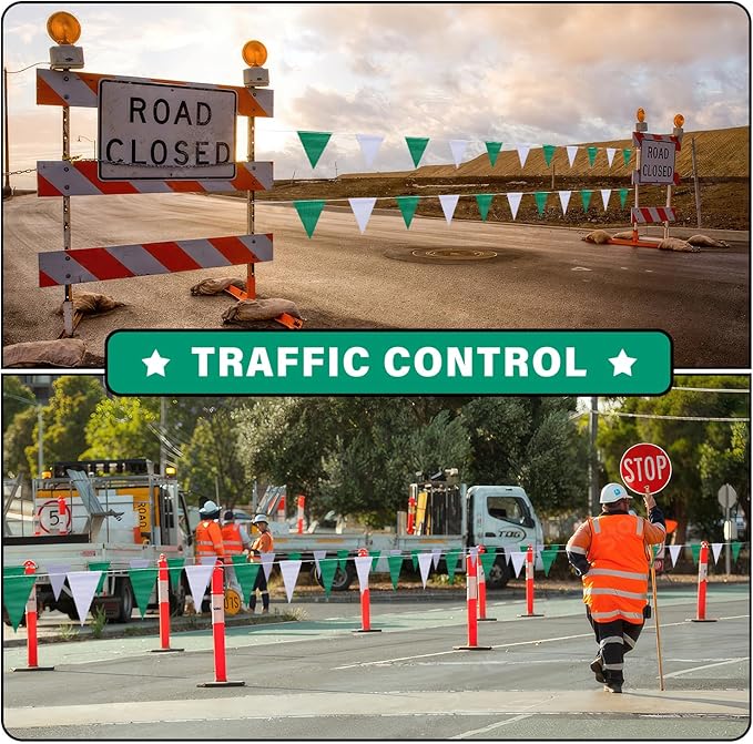 105ft Green and White Pennant Banner Flag, 7"x10" Fluorescent Safety Flagging Banner Warning Flag for Construction Site/Boundary Barrier Signs, Perimeter Marking Flags on String, 45 Flags